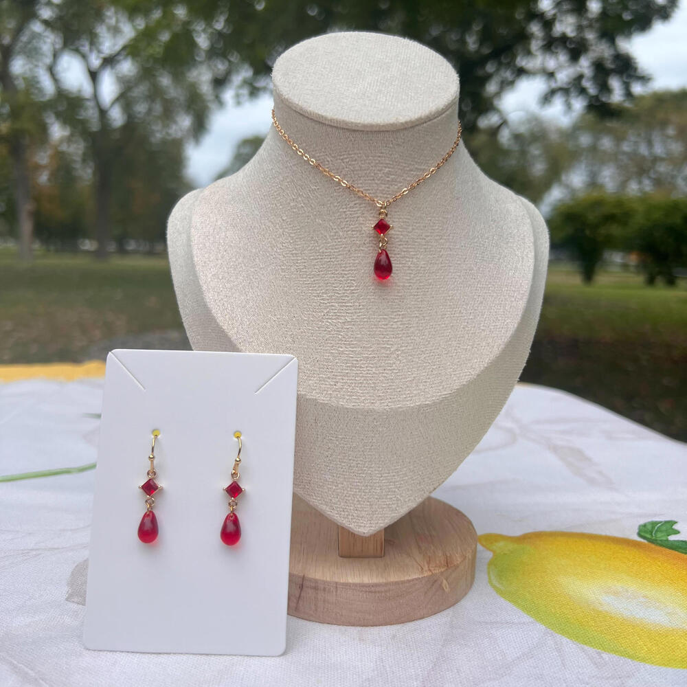 Dainty Ruby Red Tone Crystal Czech Glass Zirconia Romantic Cute Jewelry Set